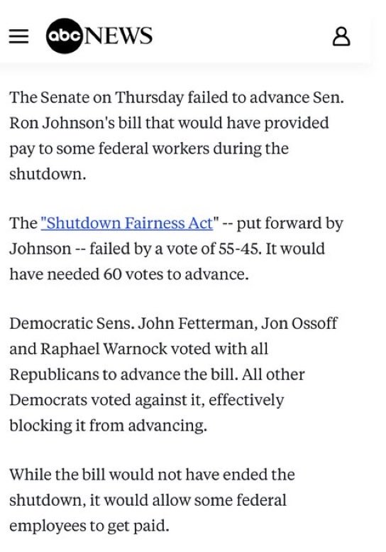 JimmyMack0320's tweet image. Registered democrat here:

Let’s be clear:

The government is still shut down because my Democrats refused to pass a clean CR.

They rather let their federal worker constituents starve then to take an L from Donald Trump. 

They even voted on a bill to allow federal workers to be…
