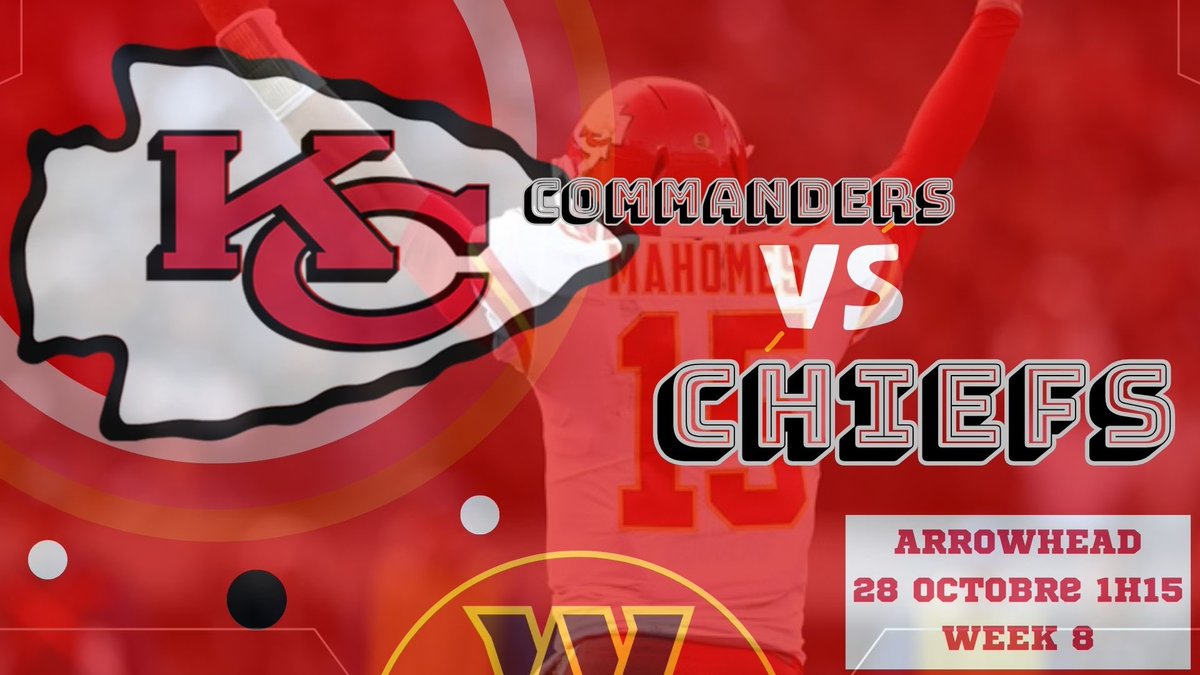 🚨Game Day 
Match à domicile   
Week 8

🏟️ <a href="/GEHAField/">GEHA Field at Arrowhead Stadium</a> 
🆚  <a href="/Commanders/">Washington Commanders</a> <a href="/baskredskins/">Lucho64 🏈(3-10) 🏀(15-11) ⚾()🏒(17-12-3)</a> 
⏰ 1:15    

➡️📱Live Tweet pour ce match et retrouvez cette semaine le débrief du match sur le podcast <a href="/HbtCfr/">How Bout Those Chiefs en français !</a> 

#ChiefsKingdom  #Chiefs #ChiefsFrance #Chiefs_Fr