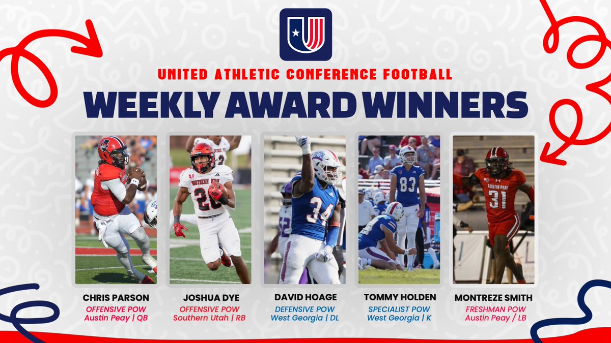 Take a 👀 at our WEEK 9⃣ Award Winners🎖️

☑️ Chris Parson <a href="/GovsFB/">Austin Peay Football</a> 
✅ Joshua Dye  <a href="/SUUFB_/">Southern Utah Football</a> 
☑️ David Hoage <a href="/UWGFootball/">West Georgia Football</a> 
✅ Tommy Holden <a href="/UWGFootball/">West Georgia Football</a> 
☑️ Montreze Smith Jr. <a href="/GovsFB/">Austin Peay Football</a> 

🔗 | tinyurl.com/UAC-FB-POW-W9

#UACFootball🏈