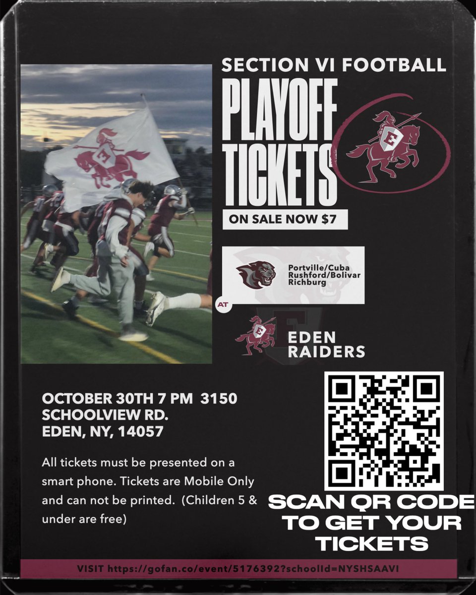 📢<a href="/EdencsdRaiders/">EdenAthletics</a> Fans!
Playoff season is here — get your tickets now! 🎟️
Purchase online at: gofan.co/app/school/NYS…
🎟️$7 each and must be presented on a smartphone at the gate. Please note: Tickets are mobile only and cannot be printed. (Children 5 &amp; under are free.)
<a href="/EdenASBC/">Eden ASBC</a>