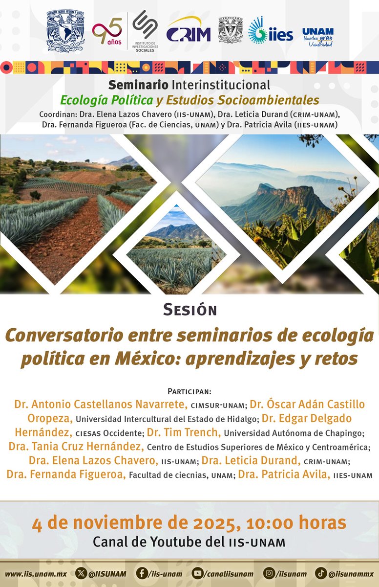 Les invitamos al “Conversatorio entre seminarios de ecología política en México: aprendizajes y retos”, coordinado por el <a href="/IISUNAM/">IISUNAM</a> en el marco del Seminario Interinstitucional de Ecología Política y Estudios Socioambientales.

 Transmisión por el Canal de YouTube del IIS-UNAM