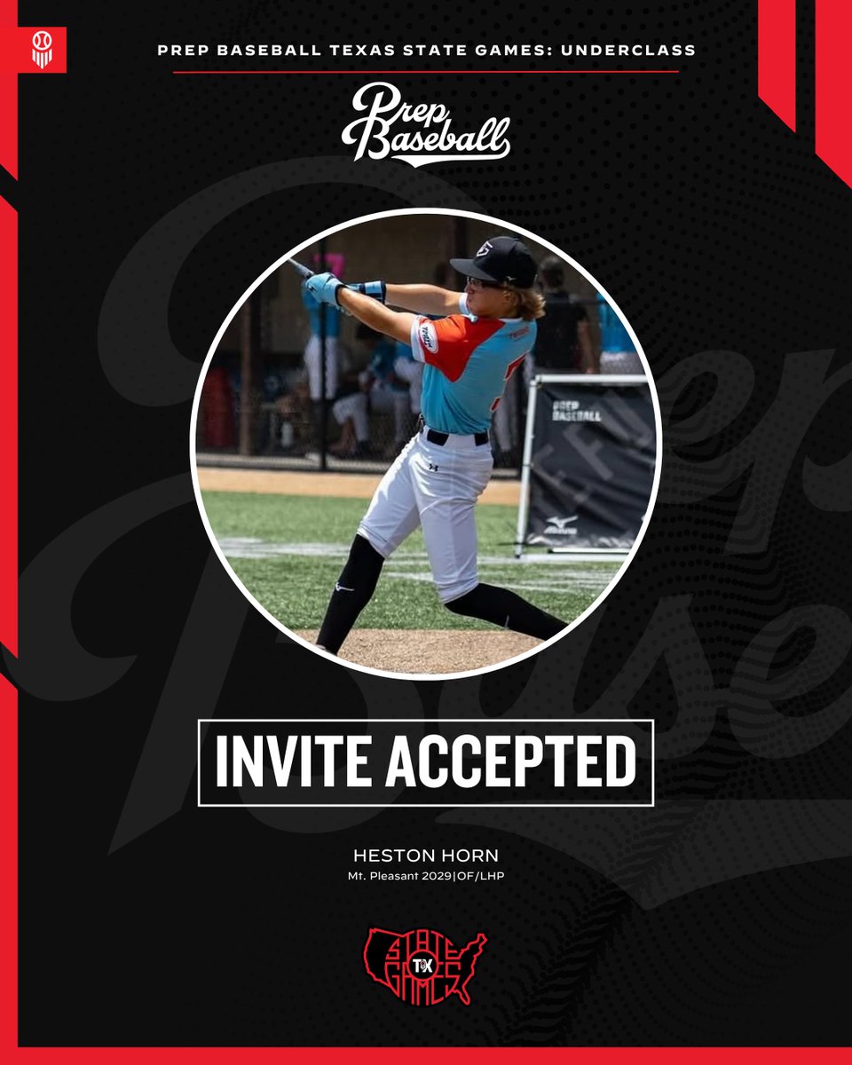 🎟️ #𝐓𝐗𝐒𝐭𝐚𝐭𝐞𝐆𝐚𝐦𝐞𝐬𝟐𝟓: 𝐈𝐧𝐯𝐢𝐭𝐞 𝐀𝐜𝐜𝐞𝐩𝐭𝐞𝐝 

2029 OF/LHP Heston Horn (<a href="/hestonhorn2/">Heston Horn</a> | <a href="/MP_Tigers_BB/">Mount Pleasant Baseball</a>) is headed to The Texas State Games (Underclass) at Sam Houston State on November 8-9.

🖇️  loom.ly/bvVKWGQ