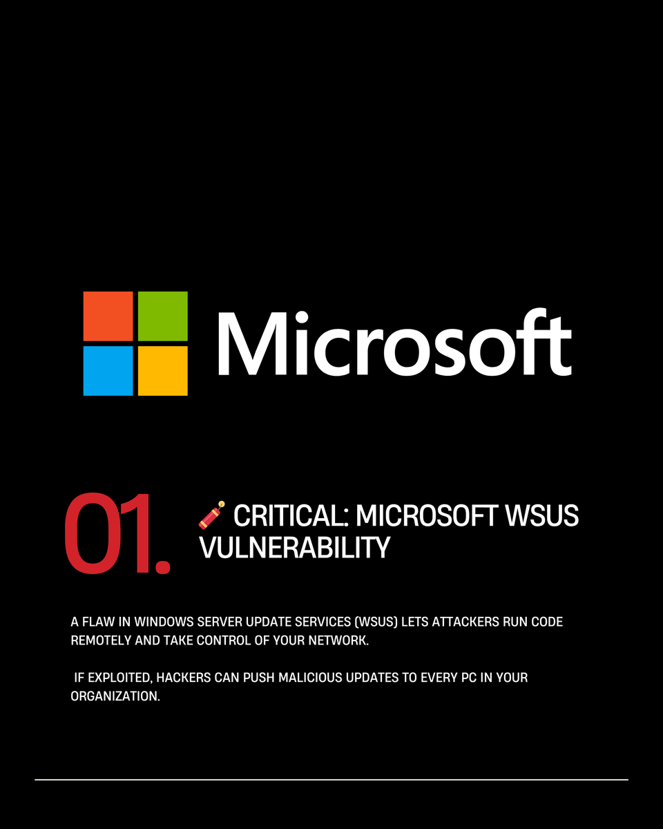 AIS_Now's tweet photo. 🚨 Two critical security threats are active right now:
1️⃣ Microsoft WSUS flaw lets attackers take over networks remotely
2️⃣ Chrome “drive-by” exploit infects devices through malicious websites

Both have real-world attacks happening this week.

🧩 What to do:
• Update Windows Servers and Chrome immediately
• Disable WSUS if unpatched
• Be cautious with links and attachments

🔗 Learn more about cybersecurity and get protection guidance: https://t.co/XULbd2I0hU