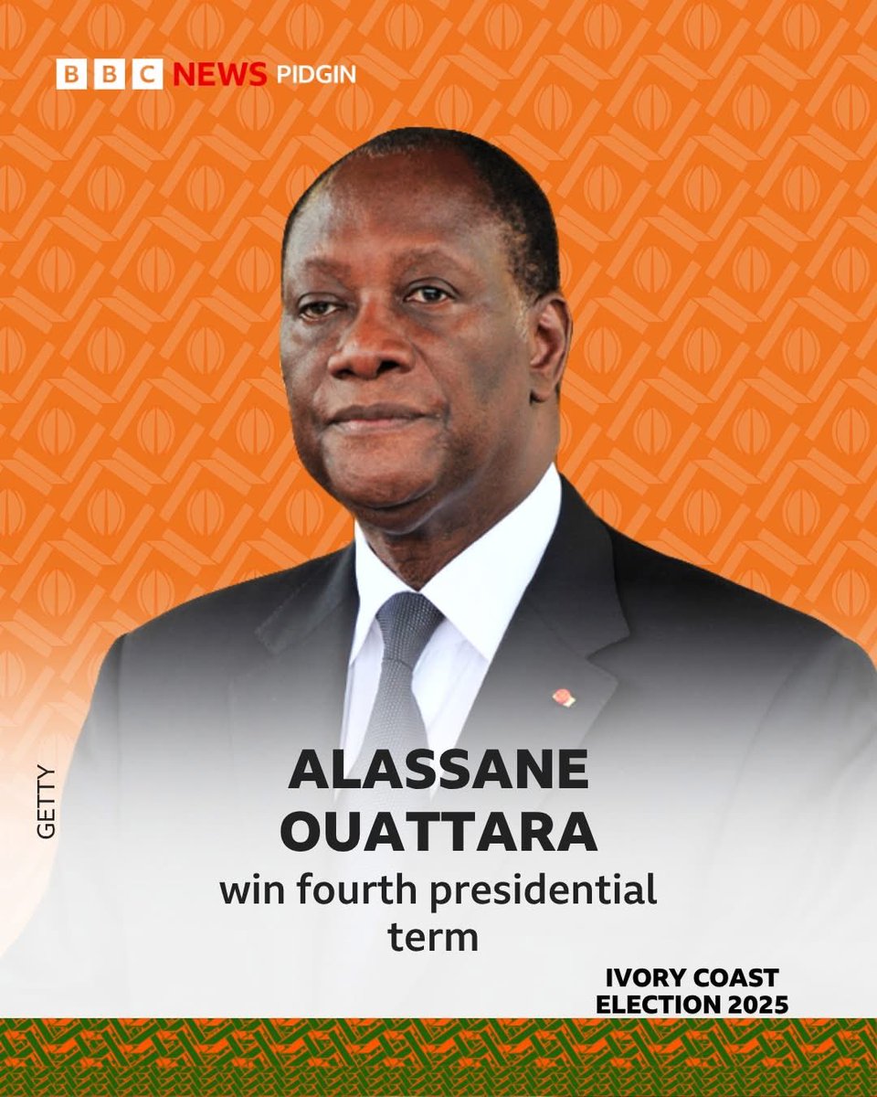 89.77% votes. Fourth term. Same face.
Alassane Ouattara don win again, after “adjusting” the constitution and losing every successor mysteriously.
In Africa, we don’t retire presidents — we recycle them. 
#IvoryCoastElection2025 #Ouattara #DemocracyInChains #MelanatedOvienzowoba