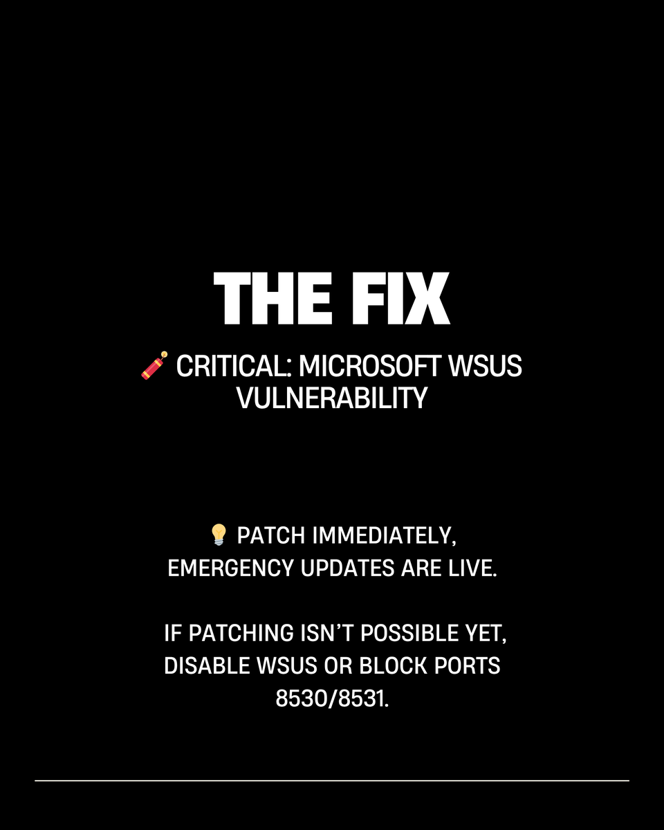 AIS_Now's tweet photo. 🚨 Two critical security threats are active right now:
1️⃣ Microsoft WSUS flaw lets attackers take over networks remotely
2️⃣ Chrome “drive-by” exploit infects devices through malicious websites

Both have real-world attacks happening this week.

🧩 What to do:
• Update Windows Servers and Chrome immediately
• Disable WSUS if unpatched
• Be cautious with links and attachments

🔗 Learn more about cybersecurity and get protection guidance: https://t.co/XULbd2I0hU