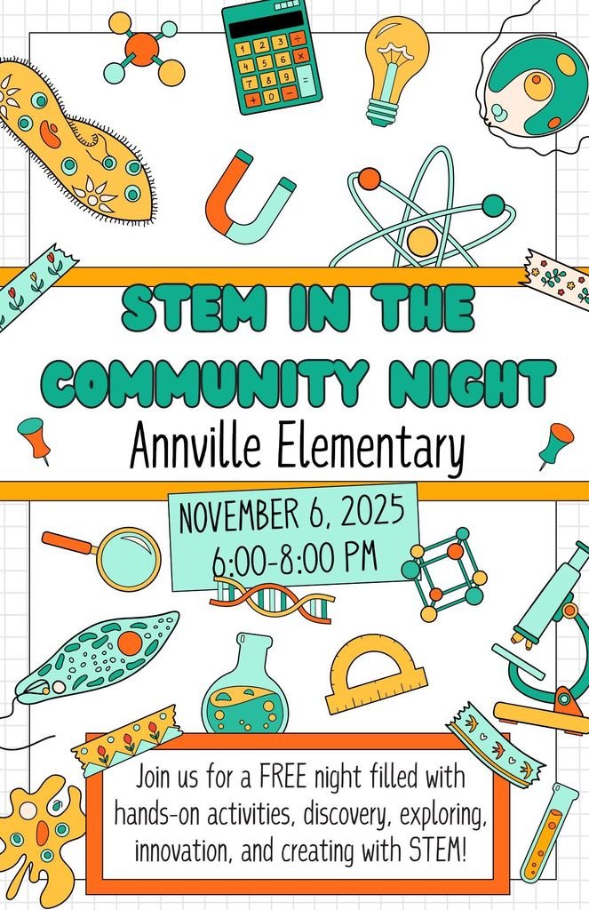 2025 STEM in the Community Night!  

Come and experience a free evening packed with hands-on activities, discovery, exploration, innovation, and creativity through STEM!  

Tuesday, November 6, from 6:00 - 8:00 p.m. at Annville Elementary School.