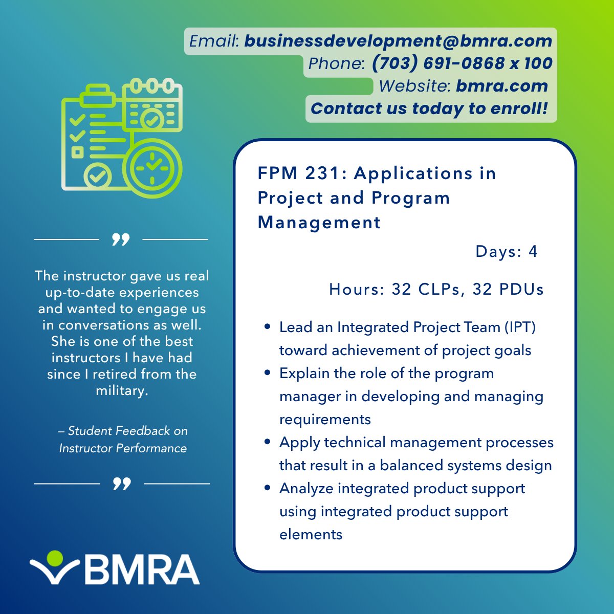 Advance Your Federal Project Management Skills with FPM 231! BMRA’s FPM 231: Applications in Project and Program Management is a 4-day intensive course designed for mid-level federal project/program managers looking to level up! bmra.com/course-item/fp…