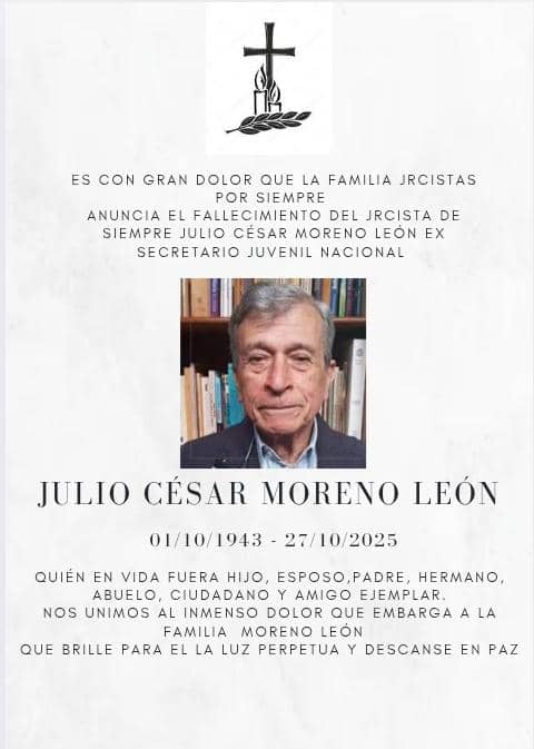 Mucha tristeza me ha causado la muerte de Julio César Moreno León. Un gran venezolano. A su esposa Maru, hijos, nietos, familiares, amigos y a su hermano José Ignacio mis condolencias. QEPD