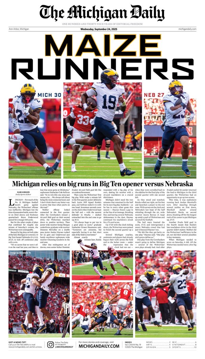 I’ve been having so much fun designing covers for <a href="/theblockm/">Michigan Daily Sports</a> &amp; <a href="/michigandaily/">The Michigan Daily</a> ! Shoutout to the football beat and photo staff for the amazing coverage and content! Here are the front covers from the past few weeks, including <a href="/UMichFootball/">Michigan Football</a>’s most recent win against the Spartans👇