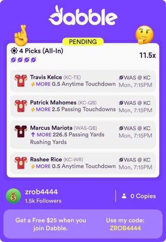 BlissfulLSDB's tweet photo. NFL PrizePicks and Dabble game stacks for MNF🏈 #prizepicks

10x, 13.5x, and 11.5x on these stacks! Hoping WAS can keep it a little competitive which I am a little worried about happening. I think KC should light on their side of the scoreboard tonight.

Good luck if tailing cash https://t.co/3rcs4KpZEW