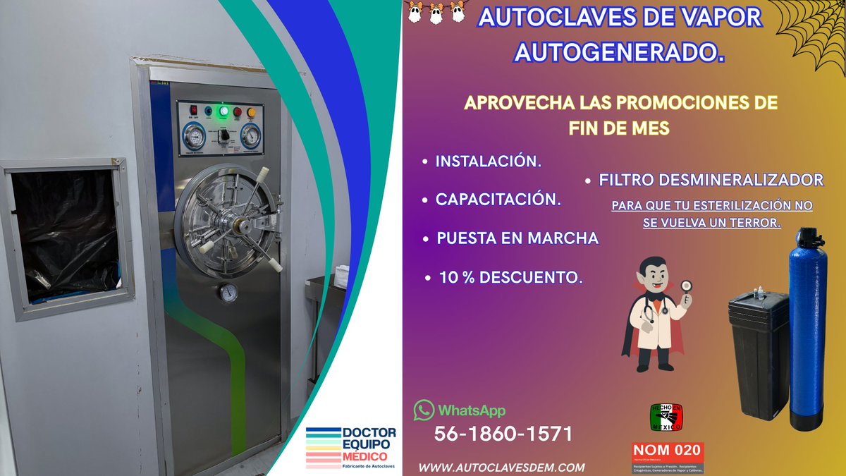 Drequipomedico's tweet photo. Autoclaves que espantan cualquier bacteria
¡10% de descuento + filtro desmineralizador gratis!
Incluye instalación, capacitación y puesta en marcha
📞 56 18 60 15 71
https://t.co/3d69zQH6ZO 🎃
#autoclave #Salud #Noticias #Ultimahora #Bienestar #Mexico #esterilización #Halloween https://t.co/NDFFwECi3r