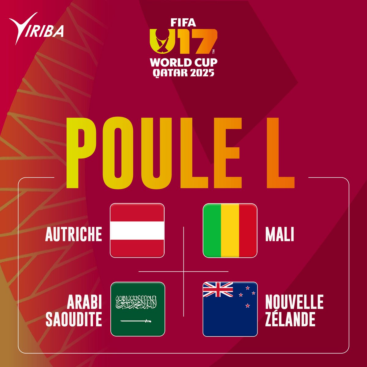 Coupe du monde U17 Garçons - Qatar 2025

Présentation des Equipes Africaines engagées : 

Le Mali 🇲🇱 est logé dans la Poule L défiera : La Nouvelle Zélande, l'Autriche et l'Arabie Saoudite.

La Compétition se déroulera du 03 au 27 novembre 2025.