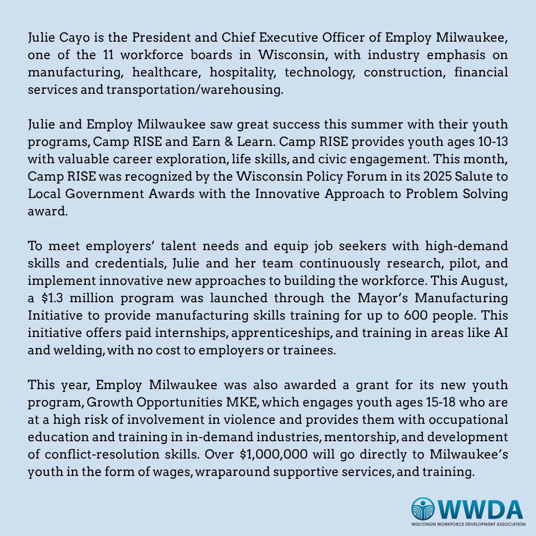 WiWkfcDevtAssoc's tweet image. Meet Julie Cayo! @employmilwaukee 
Employ Milwaukee&apos;s website: 🔗employmilwaukee.org
#milwaukee #workforce #WWDA #MeetTheDirectors #milwaukee