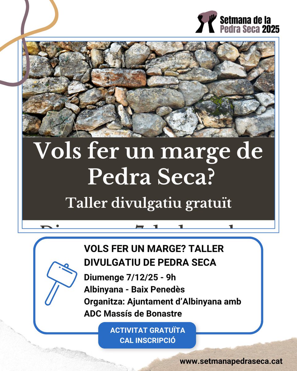 SetmPedraSeca's tweet image. 🔵APRENENTATGE
⚒️ Vols fer un marge? Taller divulgatiu de pedra seca

🗓7/12
⏰9h
📍Albinyana 
📌Organitza: Ajuntament d&apos;Albinyana @ajalbinyana
➕Info, calendari i mapa👇
setmanapedraseca.cat/activitats/age…

#SetmanaPedraSeca25 #PedraSeca