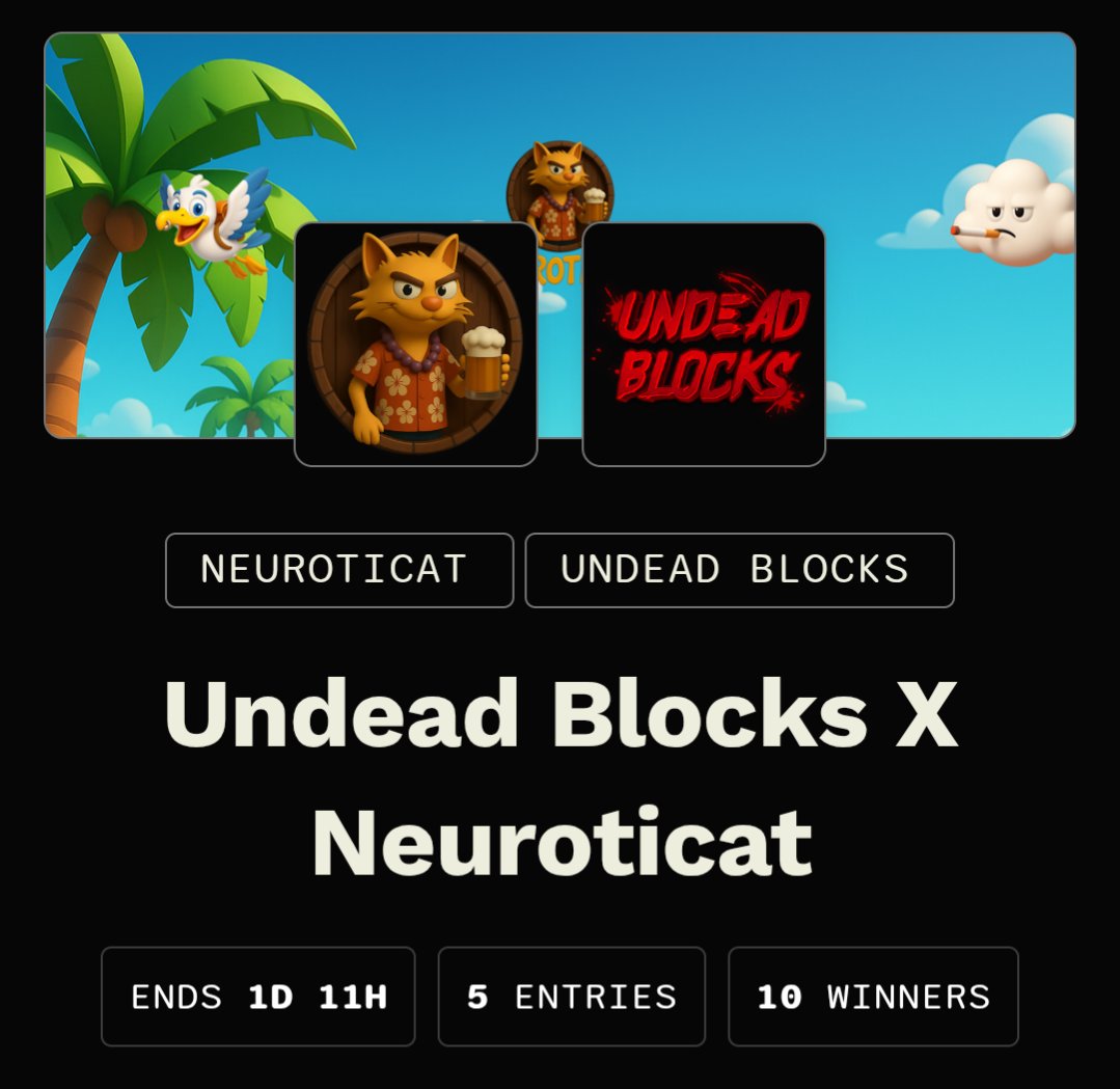 🚀 We’re active on AlphaBot! 🤖

The NeurotiCat team is active on AlphaBot — ready to organize collabs, giveaways, and raffles with other amazing Web3 projects and communities! 🐾✨

alphabot.app/undead-blocks-…

If your project uses AlphaBot and wants to team up for some fun Web3