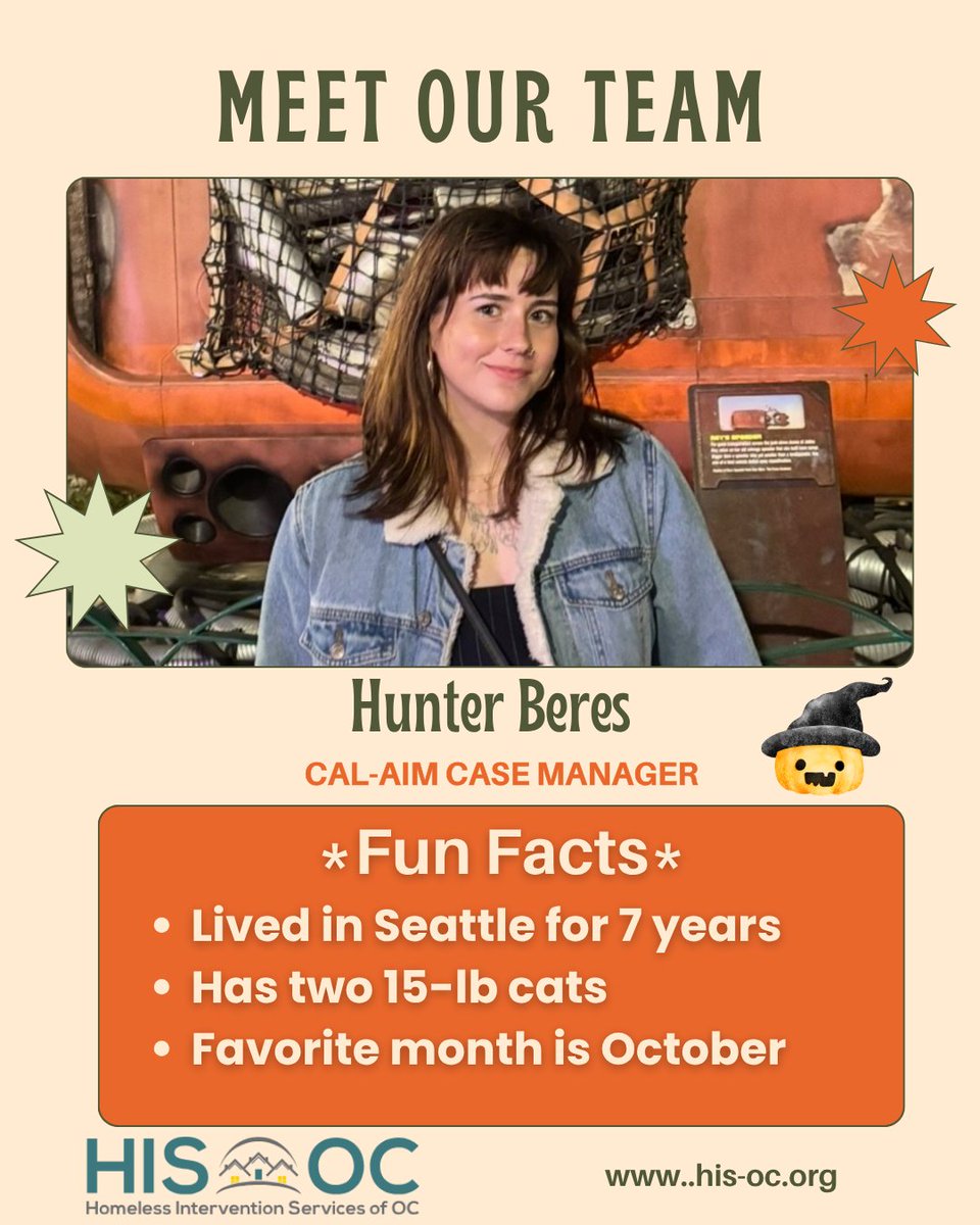 Homeless_Int_OC's tweet image. 🌟 Meet the HIS-OC Team! 🌟
Say hello to Hunter Beres, our dedicated CalAIM Case Manager who helps clients navigate their journey from homelessness to stability with care and compassion. 💙Fun fact: Hunter lived in Seattle for 7 years, loves October, and has two 15-lb cats! 🐾