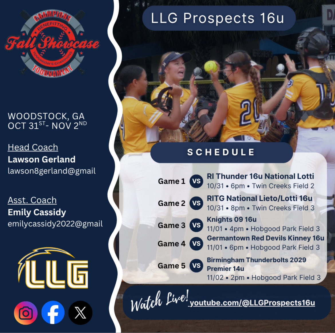 Schedule drop this weekend in Woodstock GA. Super excited to get back onto the field with my team!!!
#LawsonGerland #ILEAP #Org_LLG #LLGProspects16u #CoastRecruits #ExtraInningSBC #gatorjack72 #GBRrecruits #IHartFastpitch #LL7NV #SunilSportsNews #MaxPreps #AllGoldAllGrind