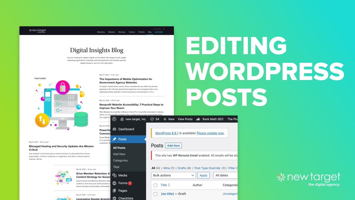 NewTargetInc's tweet image. New to WordPress? Learn how to edit pages and posts like a pro! This step-by-step tutorial walks through updating content, fixing formatting, adding images, and more. 

Watch now: youtube.com/watch?v=HOapRM… 

#WordPress #WordPressTutorial #WebsiteTutorial