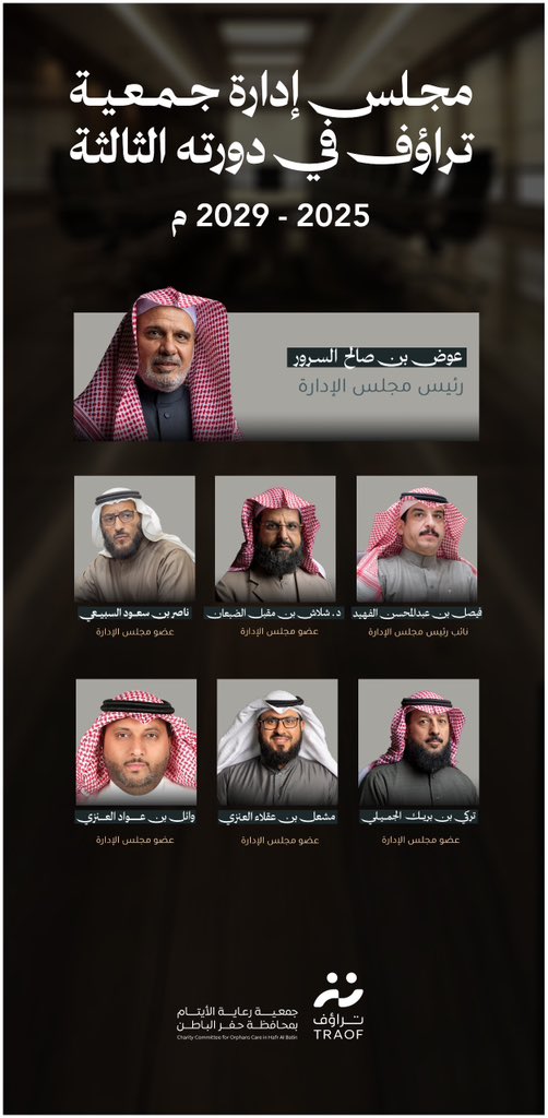 المركز الوطني لتنمية القطاع غير الربحي
يعتمد تشكيل مجلس إدارة جمعية رعاية الأيتام بمحافظة حفرالباطن ( #تراوف ) في دورته الثالثة ( 2025 – 2029م ) ..

سائلين الله التوفيق والسداد لأعضاء المجلس ، وأن تكون هذه الدورة امتدادًا لمسيرة العطاء والتمكين لخدمة المستفيدين وتحقيق رؤية