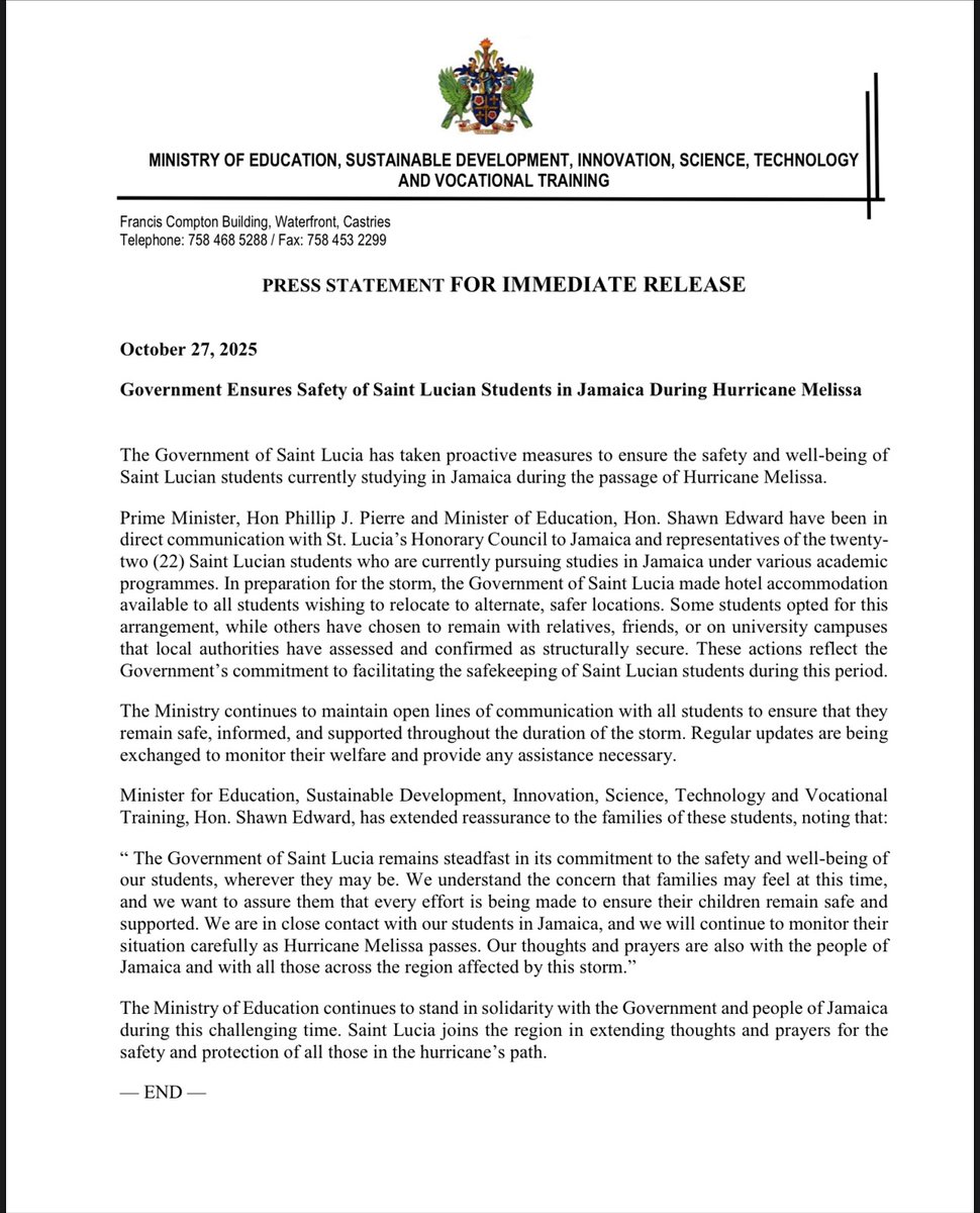 SaintLuciaGov's tweet photo. The Government of Saint Lucia extends solidarity to the Government and People of Jamaica as Hurricane Melissa intensifies and approaches landfall. We share in the region’s concern and stand ready to support our Caribbean brothers and sisters during this difficult time. https://t.co/AuQMyd4VEg