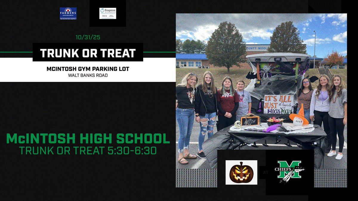This Friday Night, everyone is invited to the trunk or treat, 5:30-6:30 in the Gym Parking Lot before the Sr. Night Football Game, please come out and enjoy some Halloween Fun then head to the game at 7:30. Go Chiefs!!