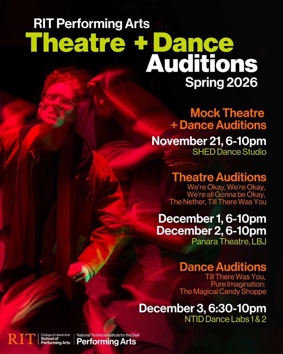 Theatre Auditions > rit.edu/perform.../the…

Dance Auditions > rit.edu/performin.../d…