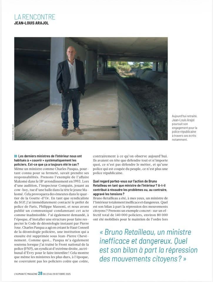 HeraclesEd's tweet image. « Exclure les policiers déviants, c’est faire honneur à la police » entretien avec @arajoljeanlouis, ancien secrétaire général du Syndicat Général de la Police (SGP), dans l&apos;@humanite_fr.