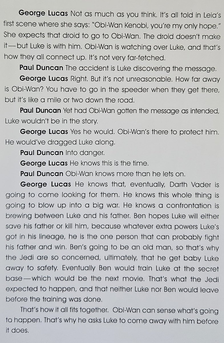 AirlockOpen's tweet photo. The full context of the screenshot from the quoted post is below. It is on page 116 of the original, full-sized OT Archives book, where Lucas is explaining Duncan's assertion that it's coincidental that Vader shows up to Tatooine chasing his daughter while his son and former 1/ https://t.co/xTwVjP33VB
