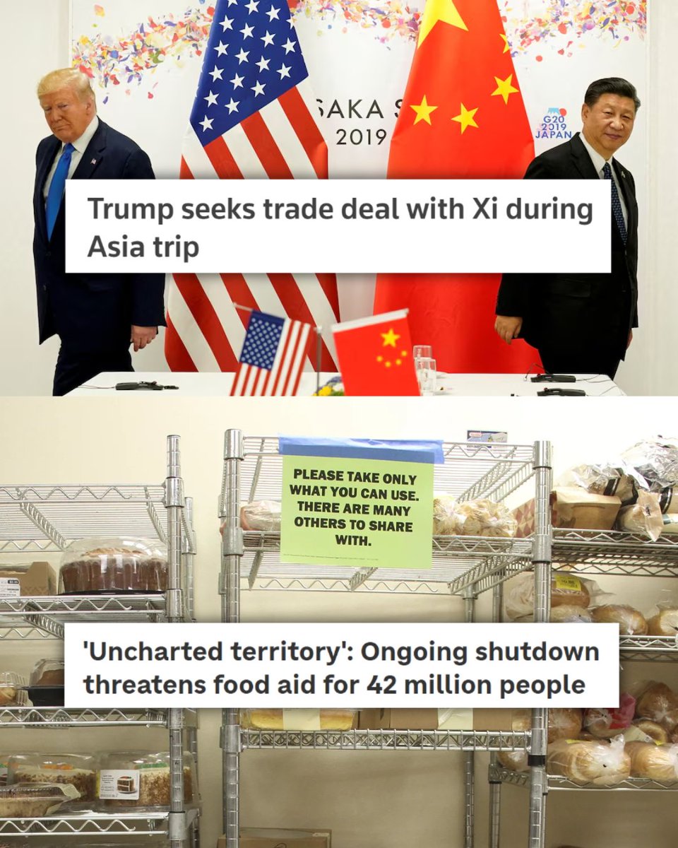 Donald Trump left the country. 

His press secretary says his main focus is tearing down the White to build a ballroom. 

Meanwhile, Congressional Republicans refuse to reopen the government. 

So 42 million people are about to lose SNAP benefits that keep food on the table.