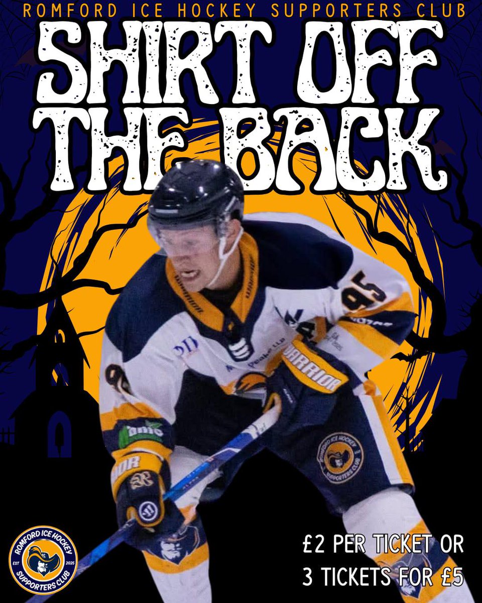 🔥SHIRT OFF THE BACK🔥

Want the chance to take home Shaun Miller’s special edition Halloween jersey at Wednesday’s game?

Enter the <a href="/RIHSC_UK/">RIHSC</a>  Shirt Off the Back competition and you could be walking away with it

Get your tickets from the merch stand

🎟️ £2 a ticket or £5 for 3!