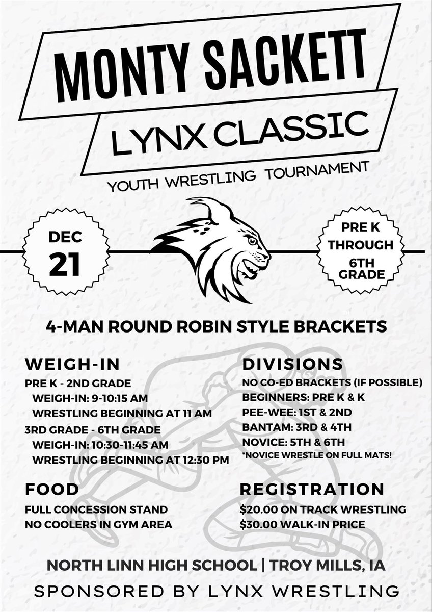 LynxWrestling's tweet photo. Monty Sackett Registration is now open! Come join us for a great tournament on December 21st! Register on Trackwrestling!

https://t.co/8VMG5WLGeA https://t.co/k6A3YFSxbm