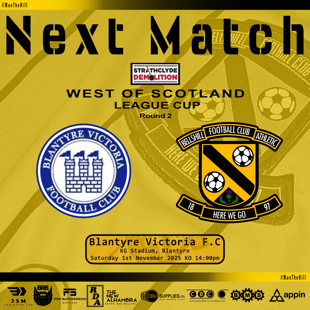 NEXT UP...

We travel the short distance to the KG Stadium this Saturday to face Blantyre Victoria in the 2nd Round of the West of Scotland League Cup.

#MonTheHill #LeagueCup #WoSFL