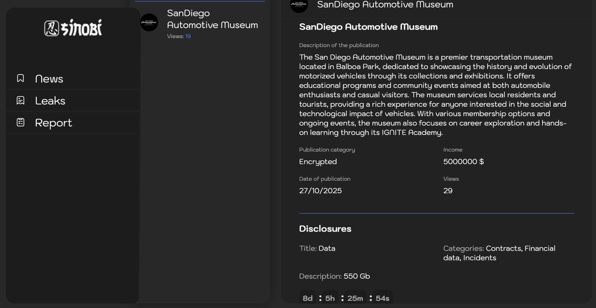 _venarixES_'s tweet image. El grupo #Sinobi #ransomware habría #hackeado a San Diego Automotive Museum (@SDAutoMuseum), con sede en #SanDiego, #California 🇺🇸, es un museo de automóviles y motocicletas...
Mas ℹ️ en #VenariX ➡️ venarix.com
#CyberAttack #museum #infosec #CyberSec #History