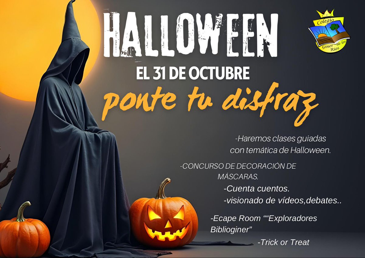 🎃 ¡Halloween llega al cole! 👻
Disfraces, concursos, escape room, cuentacuentos, debates y mucho más.
¡Ven a pasarlo de miedo! 🕸️🍬
#HalloweenEnElCole #DiversiónDeMiedo #TrickOrTreat