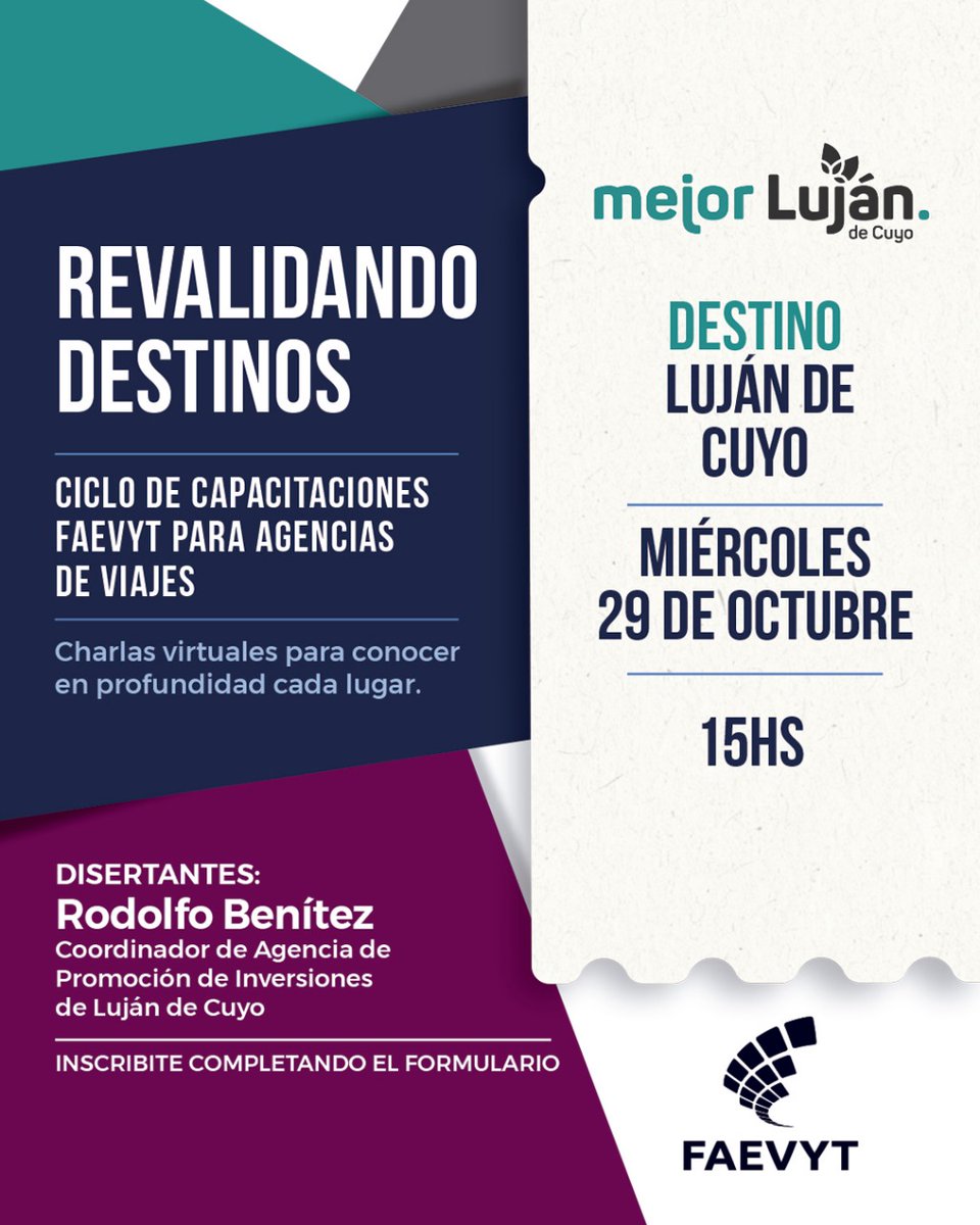 ¡Seguimos recorriendo destinos que inspiran! 🍷

En una nueva edición de #RevalidandoDestinos, nos trasladamos a Luján de Cuyo,  🌄🏞️

🗓 Miércoles 29 de octubre
⏰ 15 h
💻 Modalidad virtual

👉 Inscribite completando el formulario forms.gle/bqkTpFHG4yqGii…

#FAEVYT #Turismo