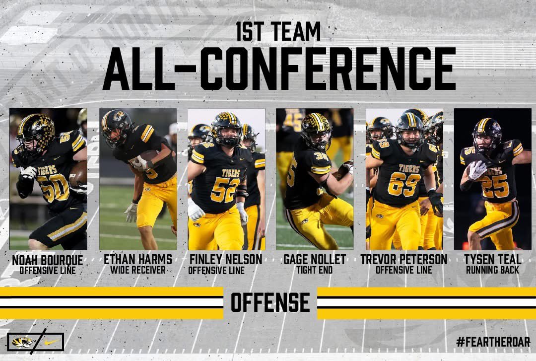 NWTigersFTBL's tweet image. Congratulations to Noah Bourque, Ethan Harms, Finley Nelson, Gage Nollet, Trevor Peterson and Tysen Teal for being named to the Heart O&apos; North Conference All-Conference Offensive 1st Team

#TigersFootball
#FearTheRoar
