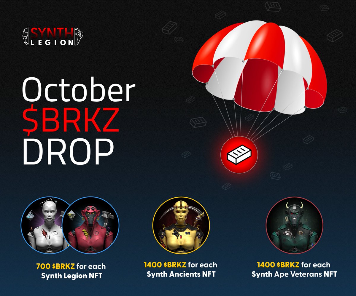📢 Legion, our October $BRKZ 🧱 Airdrop will take place on Tuesday, October 28th at a random time ⚡️

Only non-listed NFTs will be taken into account!

Make sure to delist your Legion, Ancients and Veterans NFTs to maximize your 🧱 drop amount!