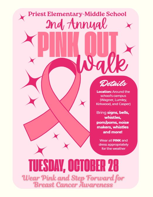 Tomorrow 10/27, we’ll show our support for Breast Cancer Awareness Month with our 2nd Annual Pink Out Walk. Students and staff (only) will walk together in honor of those impacted by breast cancer. We ask that everyone show support by  wearing PINK!!!! 🩷🩷🩷