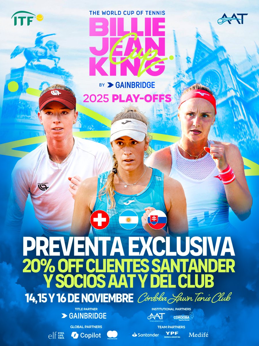 ¡SALIÓ LA PREVENTA PARA BILLIE JEAN KING CUP!

🎾Clientes Santander y socios AAT y del Córdoba Lawn Tenis Club ya pueden comprar sus entradas con un 20% de ahorro.

🎫 bit.ly/EntradasBJKC-2…

💪 ¡Vamos a alentar a Las Guerreras!