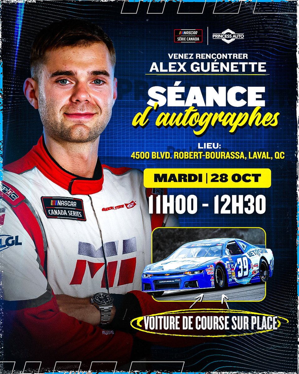 NASCARCanada_'s tweet photo. Fans de course, c’est l’occasion de rencontrer l’un de nos pilotes!
Passez chez Princess Auto Laval ce mardi 28 octobre pour y rencontrer Alex Guenette et pour y voir la voiture #39 de prêt.
11h à 12h30, à ne pas manquer!
#NASCARCanada #PrincessAuto https://t.co/nn8BRSaWxG
