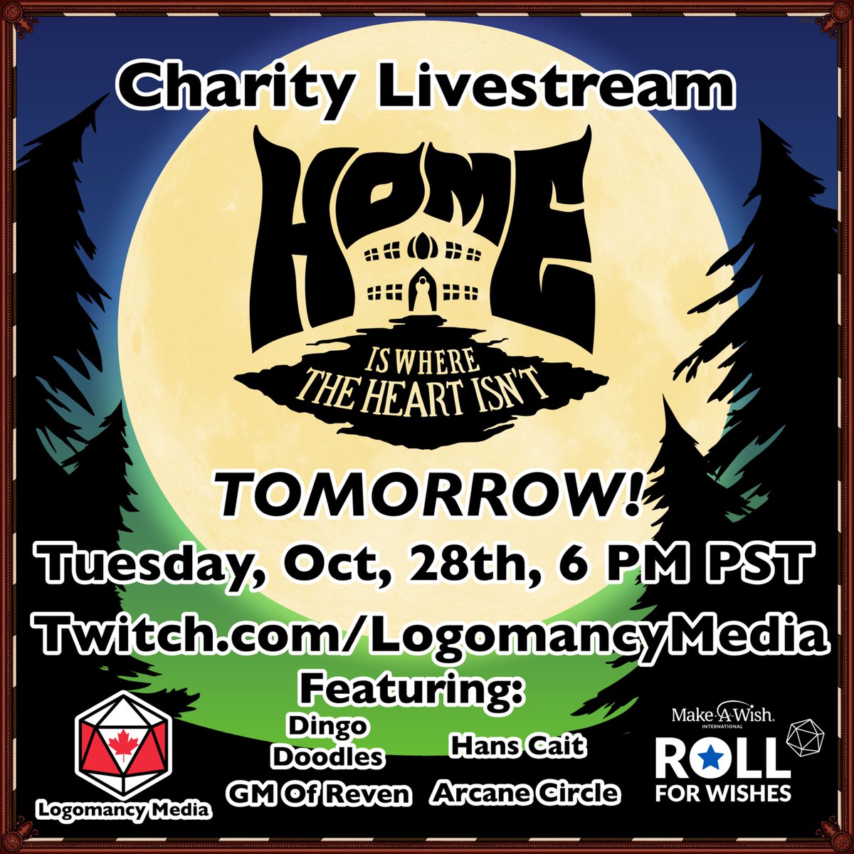 VeilOfEvermist's tweet photo. 🌕 Our livestream is tomorrow! Join this charity event, donate to affect the game, and watch @DingoDoodles, @gmofreven, Arcane Circle and @Hanscait solve the mystery of 'Home is Where the Heart Isn't', on the @logomancymedia Twitch!! #charity #dungeonsanddragons #veilofevermist https://t.co/7IfBzf9XEG