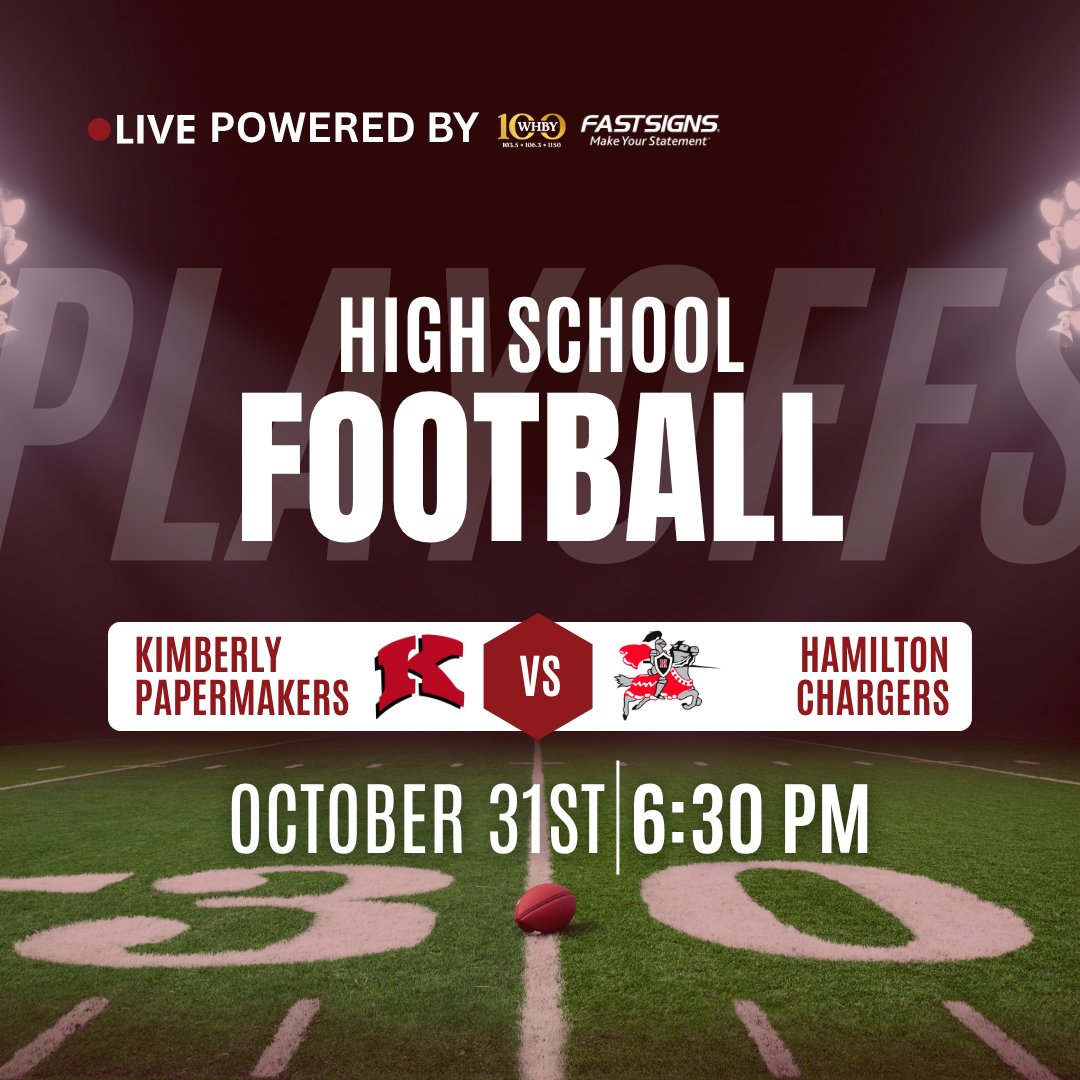 The Road to Madison continues Friday Night on WHBY!  Round 2 of the WIAA High School Football Playoffs in Division 1 features <a href="/Maker_Football/">Maker_Football</a> at <a href="/HHSChargerFB/">🪓Hamilton Charger Football🪓</a> 

<a href="/TonyGNation/">Tony G 🎙</a>  on the call 

Pregame at 6:30PM, Kickoff at 7PM on WHBY!