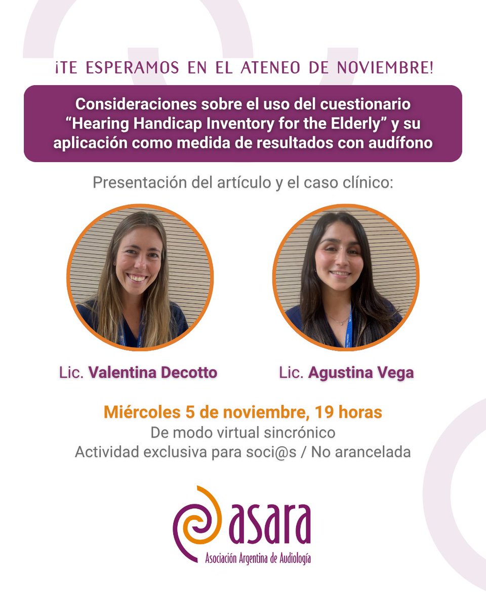 👉 ¡En noviembre, llega un nuevo ateneo de ASARA!

👂 Te esperamos en un encuentro colaborativo de actualización en Audiología, exclusivo para socios.

🤳 ¡Si todavía no te asociaste a ASARA, podés hacerlo acá 👇
asara.org.ar/asociarse/
