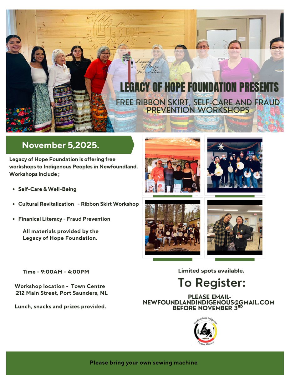 Legacy of Hope (@legacyhopefound) on Twitter photo We are hosting free workshops for Indigenous Peoples on November 5, 2025 — featuring Ribbon Skirt Making, Self-Care & Well-Being, and Fraud Prevention sessions.
#LegacyOfHope #IndigenousWorkshops #CulturalRevitalization #RibbonSkirts #SelfCare #FraudPrevention #CommunityWellness We are hosting free workshops for Indigenous Peoples on November 5, 2025 — featuring Ribbon Skirt Making, Self-Care & Well-Being, and Fraud Prevention sessions.
#LegacyOfHope #IndigenousWorkshops #CulturalRevitalization #RibbonSkirts #SelfCare #FraudPrevention #CommunityWellness