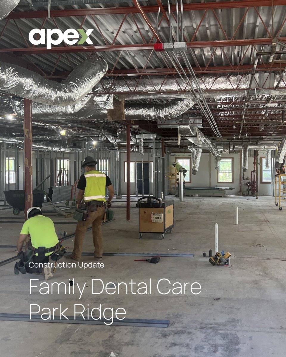 APEXDB's tweet image. Progress is moving right along at Family Dental Care Park Ridge! Rough-ins are nearly complete, and framing is up next.   

#Apex #DentalConstruction #HealthcareDesign #DentalOfficeDesign #MedicalDesignBuild  #HealthcareConstruction