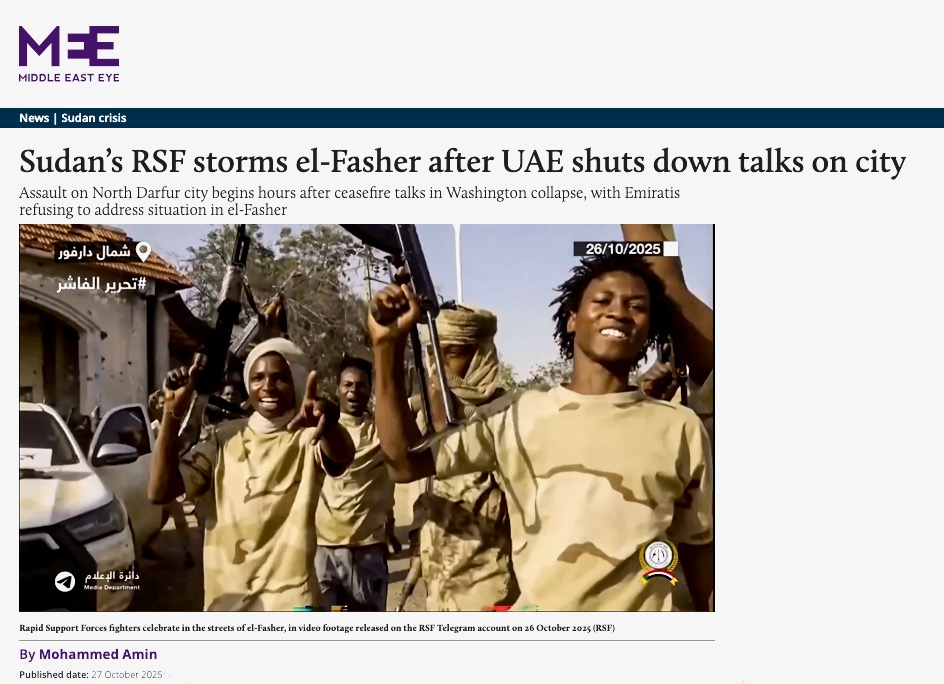 sudanreeves's tweet photo. How can we possibly imagine that any member of the “#Quad”—nominally negotiating peace in #Sudan—should be taken seriously if the #UAE is allowed to forestall discussions of El #Fasher and the fate of 250,000 for whom it was recently home? This is an obscene negotiating failure. https://t.co/Jc4lckknEP