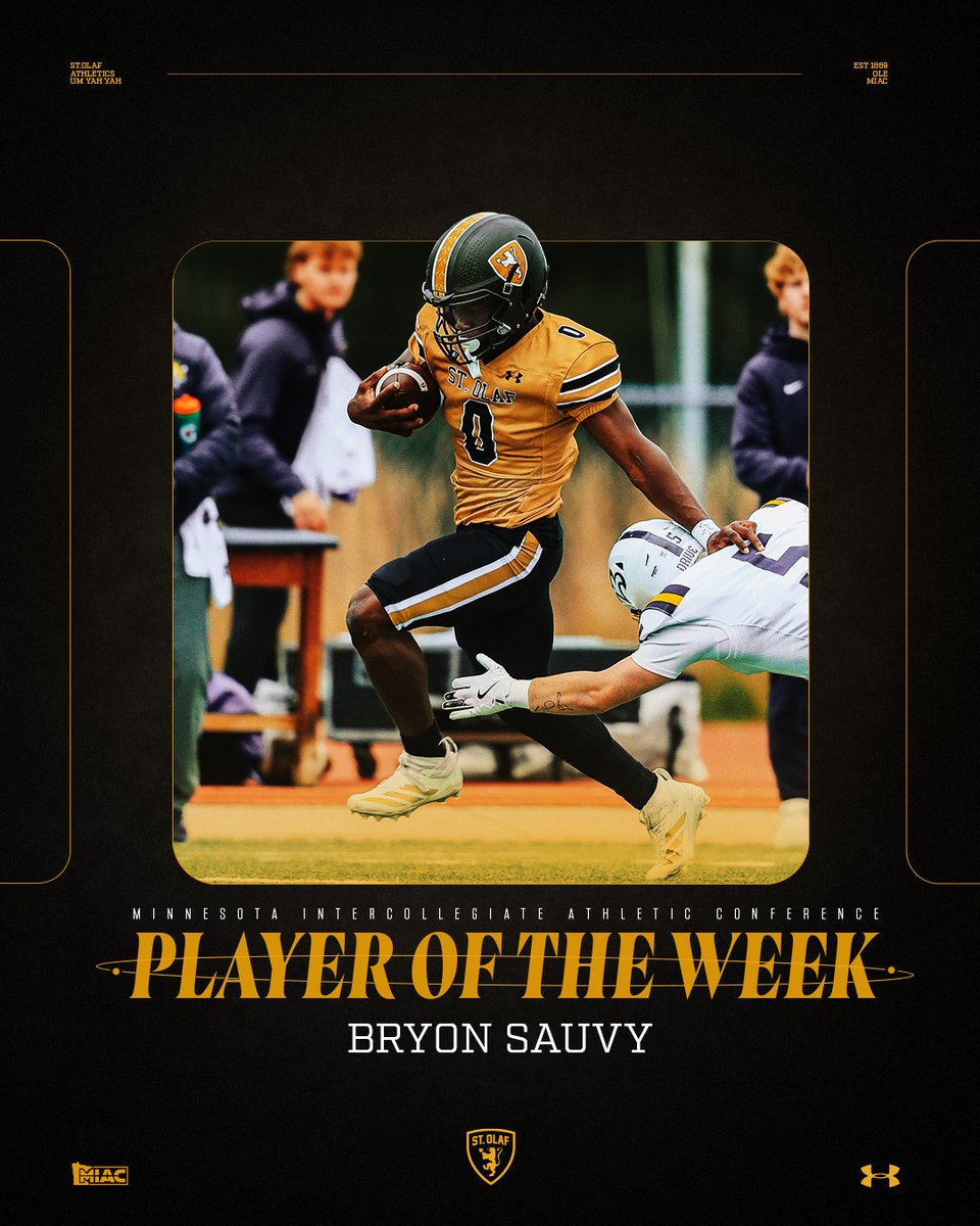 StOlafAthletics's tweet image. 𝐂𝐚𝐫𝐫𝐢𝐞𝐝 𝐭𝐡𝐞 𝐥𝐨𝐚𝐝.

Bryon Sauvy's big day on Saturday saw him earn MIAC Football Offensive Player of the week honors for the first time!

RELEASE: athletics.stolaf.edu/news/2025/10/2…

#UmYahYah | #OlePride | #d3fb