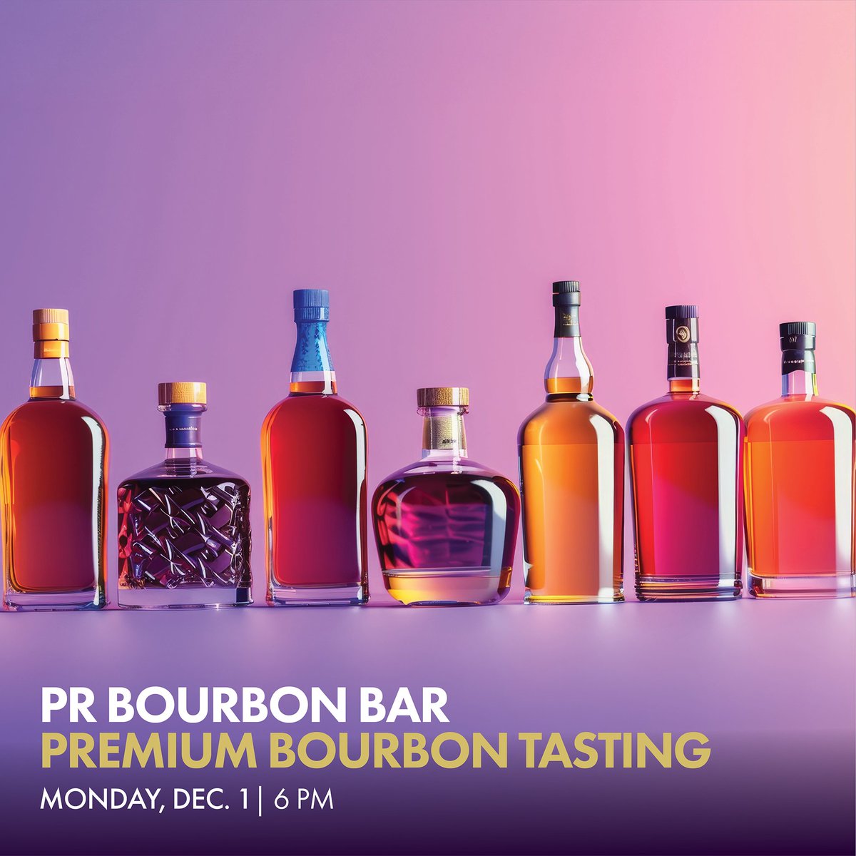 Join our PR Bourbon Bar curator Aaron Pond for the first Bourbon Tasting Experience of the season on Monday, December 1, 6 to 8 pm.