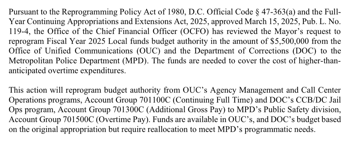 maustermuhle's tweet photo. Interesting: @MayorBowser wants to move $5.5 million from @OUC_DC and the D.C. Department of Corrections to @DCPoliceDept to cover overtime pay for officers. (This is part of a broader reprogramming of money in the FY25 budget to pay for overtime spending.) https://t.co/YRSgCUmjq7