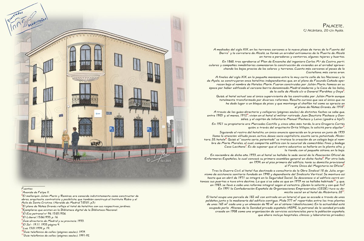#Pinceladas_madrileñas #Hotel_calle_Alcántara
De este hotelito no he encontrado ningún dato ni en mi amplia biblioteca ni en Internet, así que he tenido que tirar del hilo a través de la hemeroteca de la Biblioteca Nacional hemerotecadigital.bne.es/hd/es/advanced 
y gracias a eso he podido